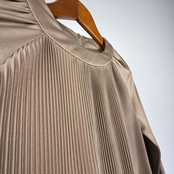 Vintage 70s Taupe Champagne Pleated Belted Midi Dress - Picture 6 of 9
